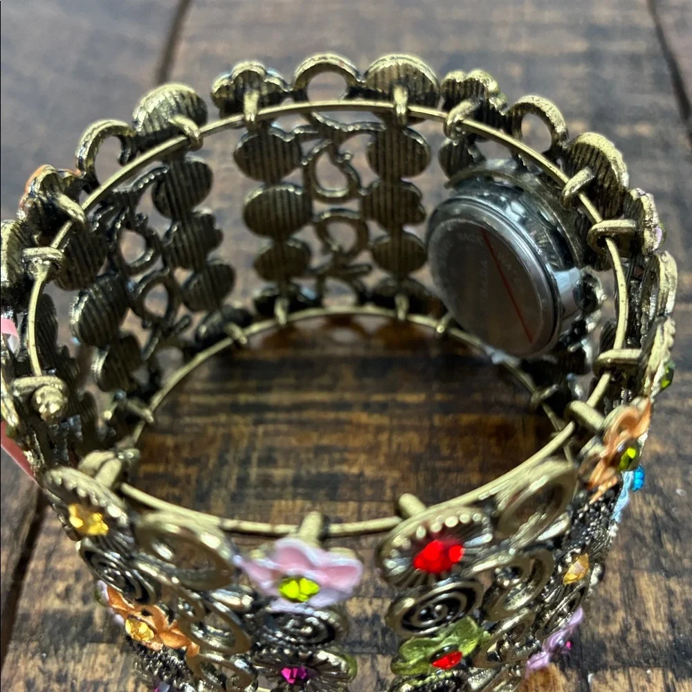 NWT Strada Gold-Toned Floral Metalwork Bracelet Watch Wide Band Stretch Flower